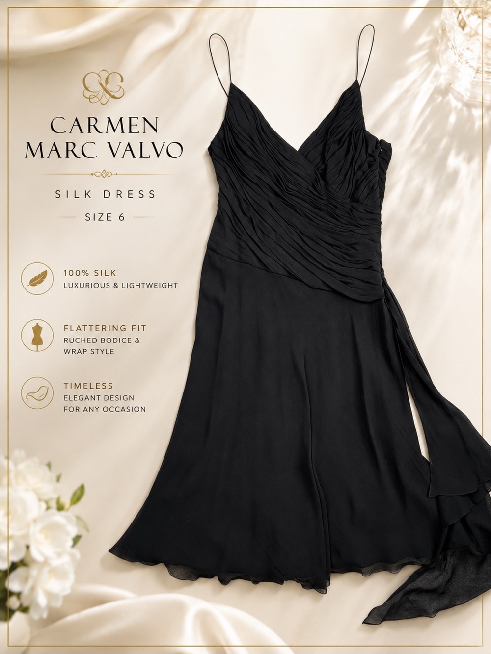 CARMENโ MARC VALVO Womenโs Signature 100% Silk Black Cocktail Dress Size 6 NWT